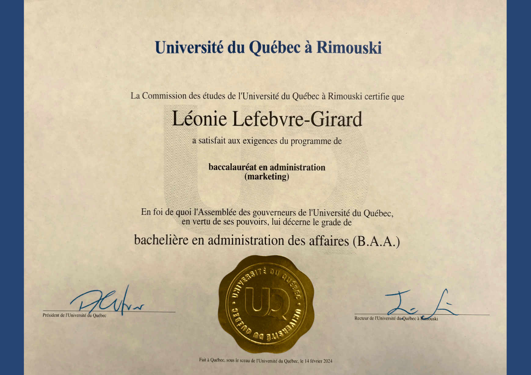 Bachelière en administration des affaires